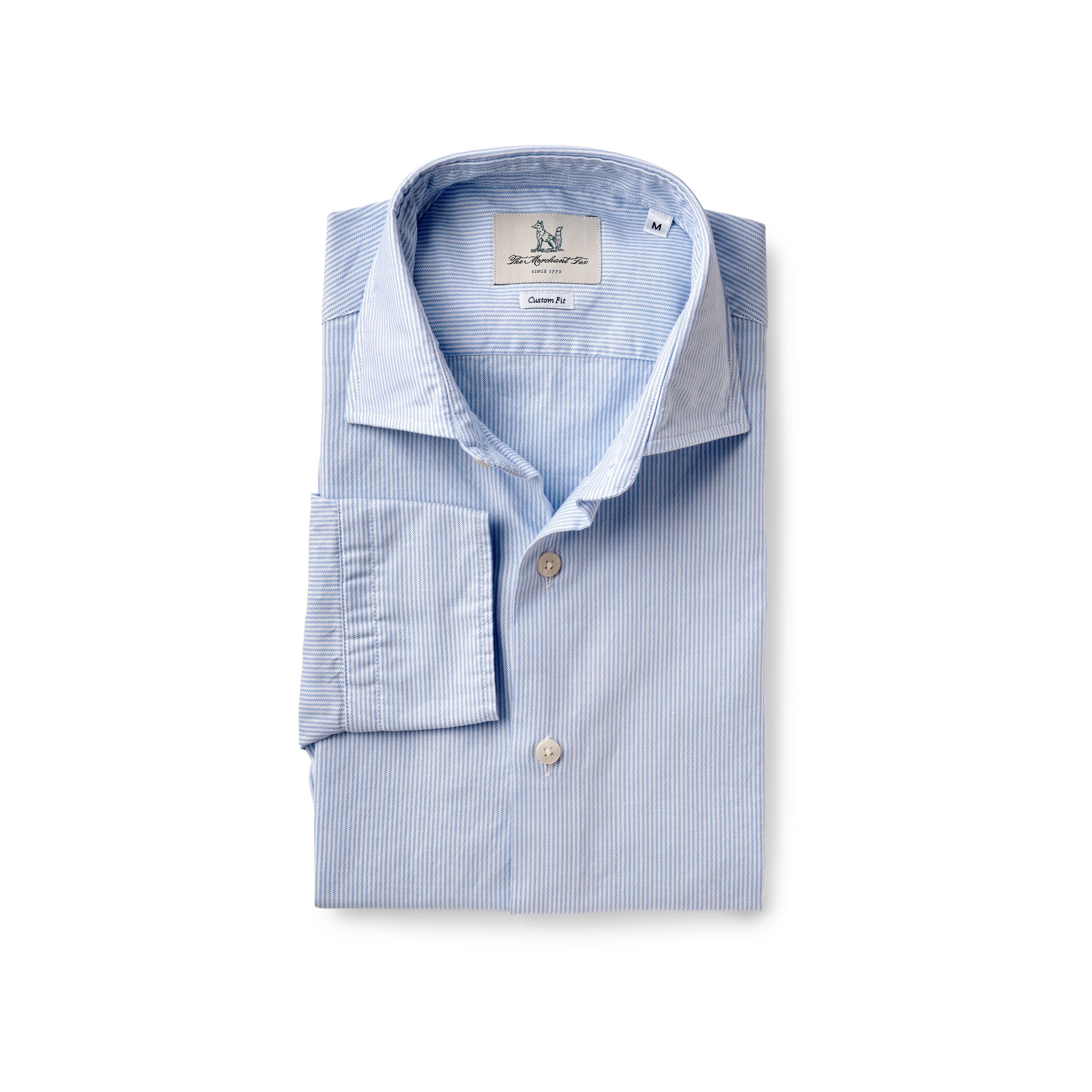Thin blue and white striped spread collar oxford shirt