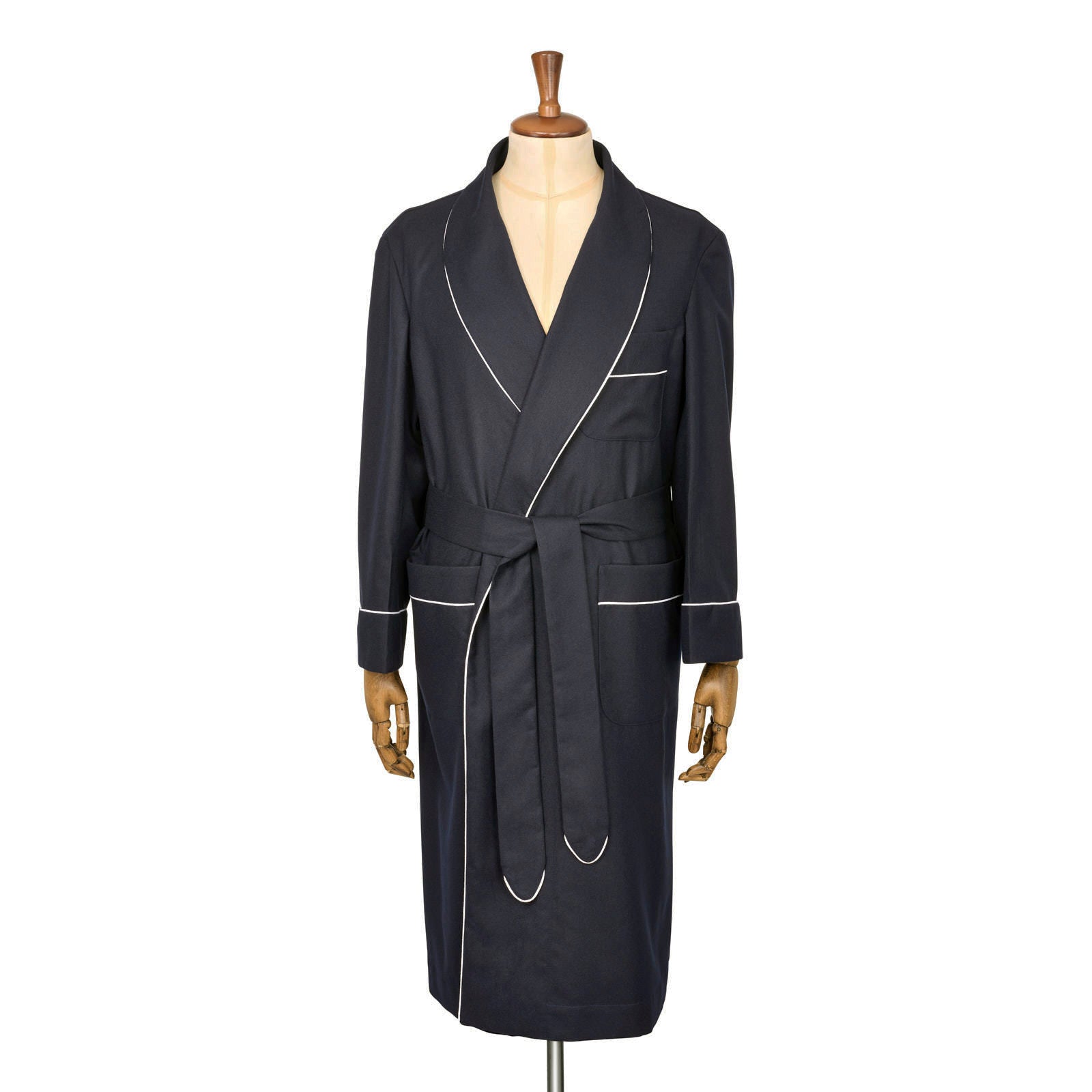Fox Flannel Lounge Gown in Midnight Plain with White Piping