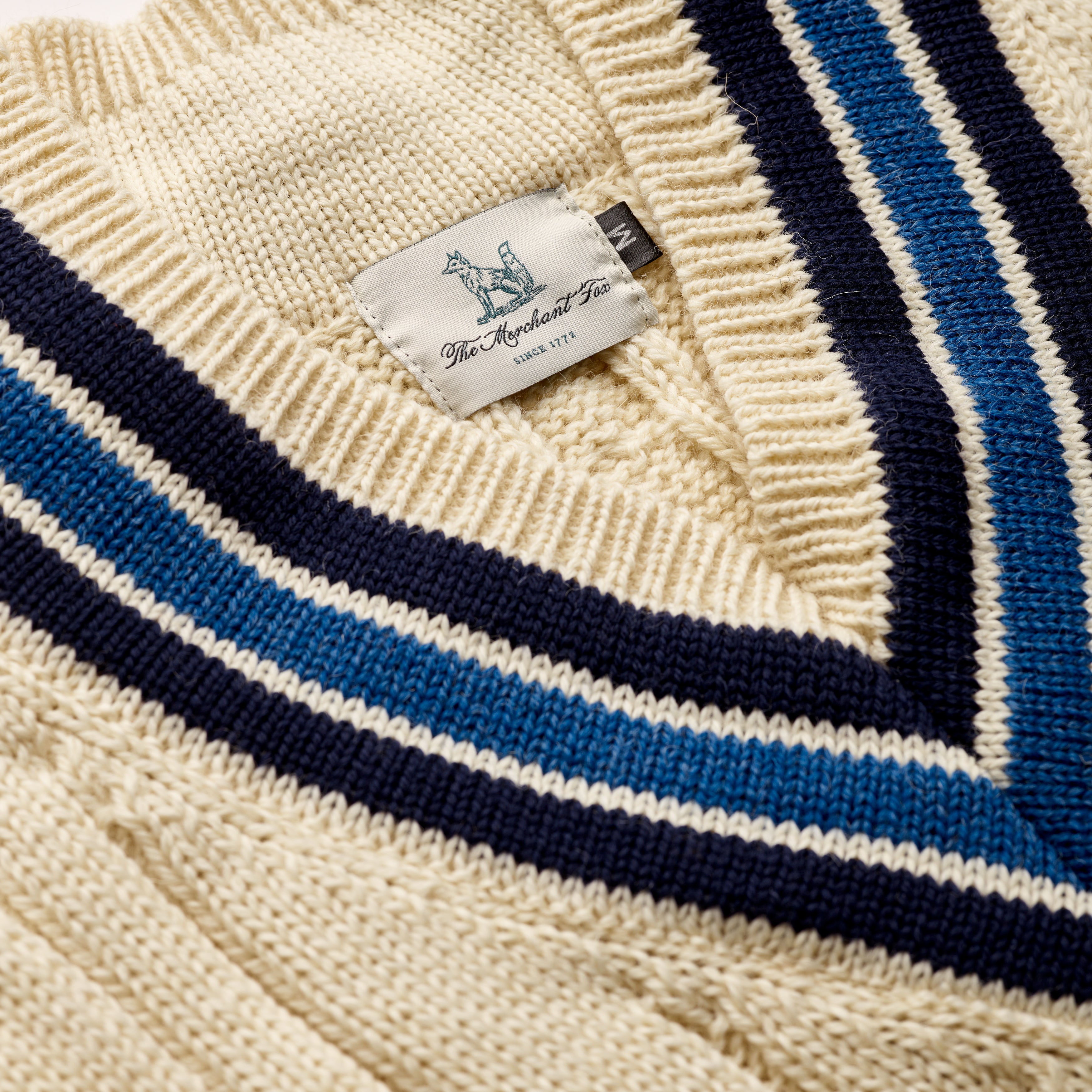 Fox Cricket Club Ecru Sweater with Navy & Sky Blue Stripes