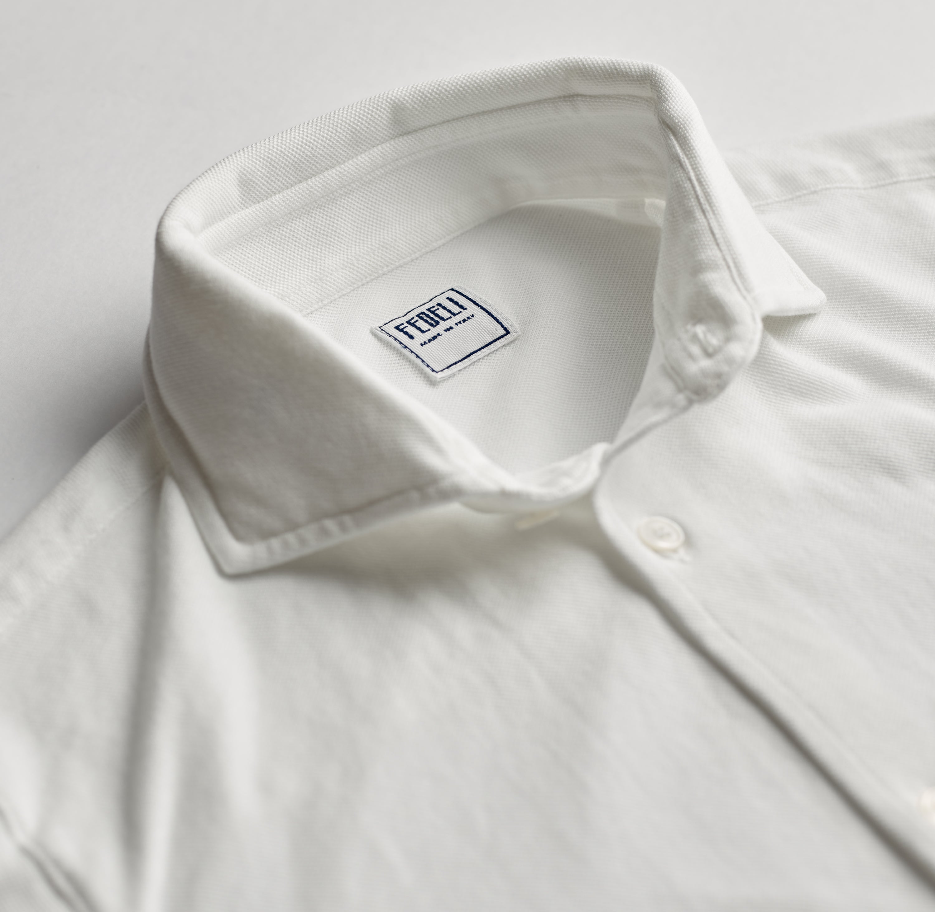 Classic Long Sleeve Knitted Pique Polo Shirt Optic White collar closeup