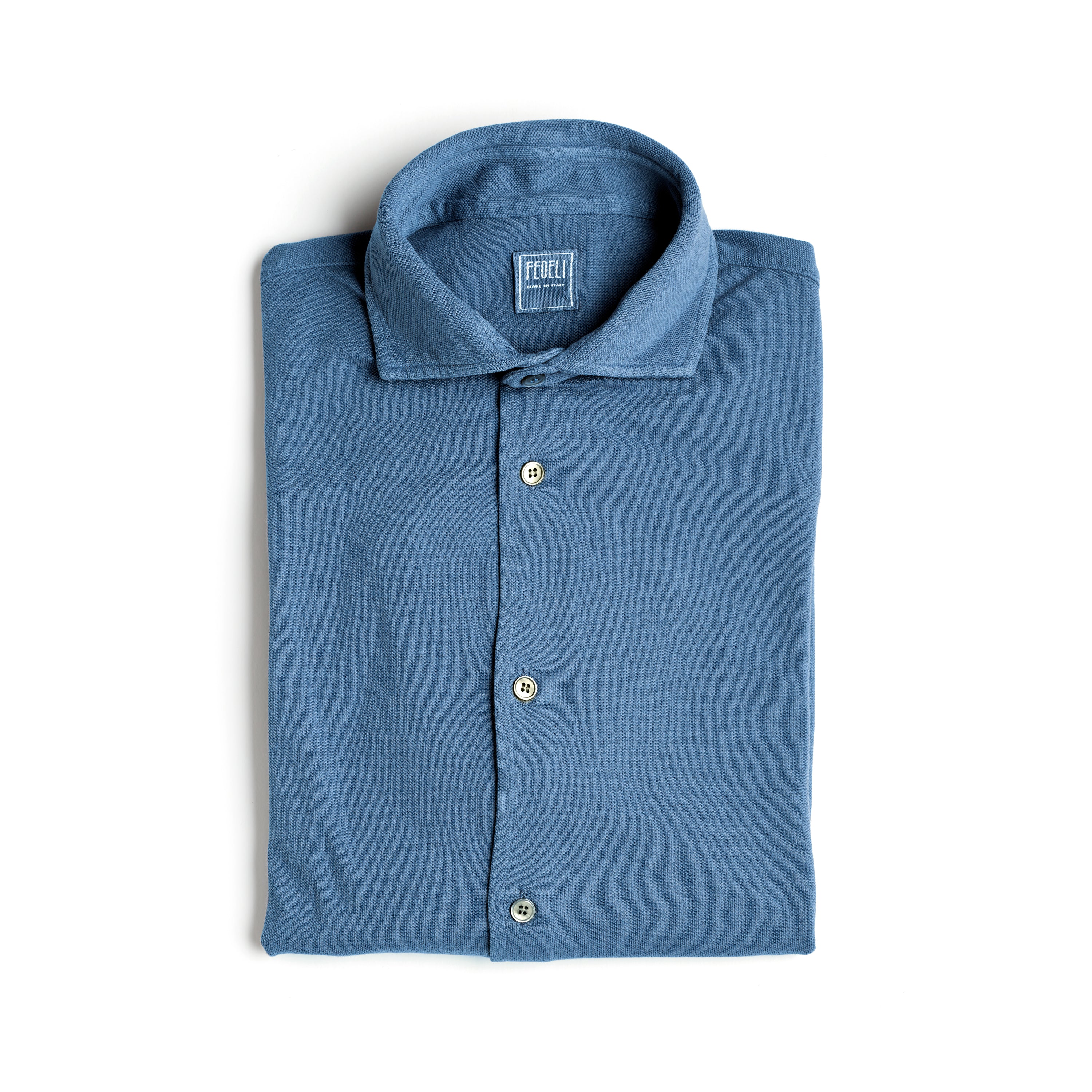 Fedeli Classic Long Sleeve Knitted Pique Polo Shirt Sky Blue