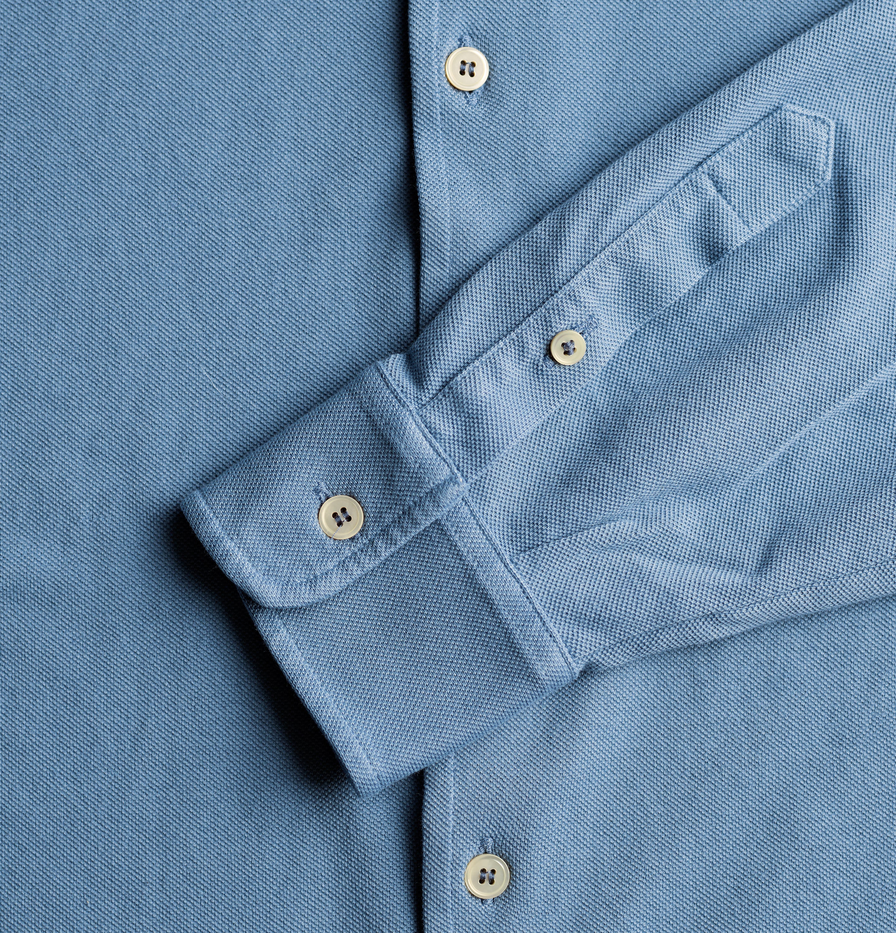 Fedeli Classic Long Sleeve Knitted Pique Polo Shirt Sky Blue Sleeve