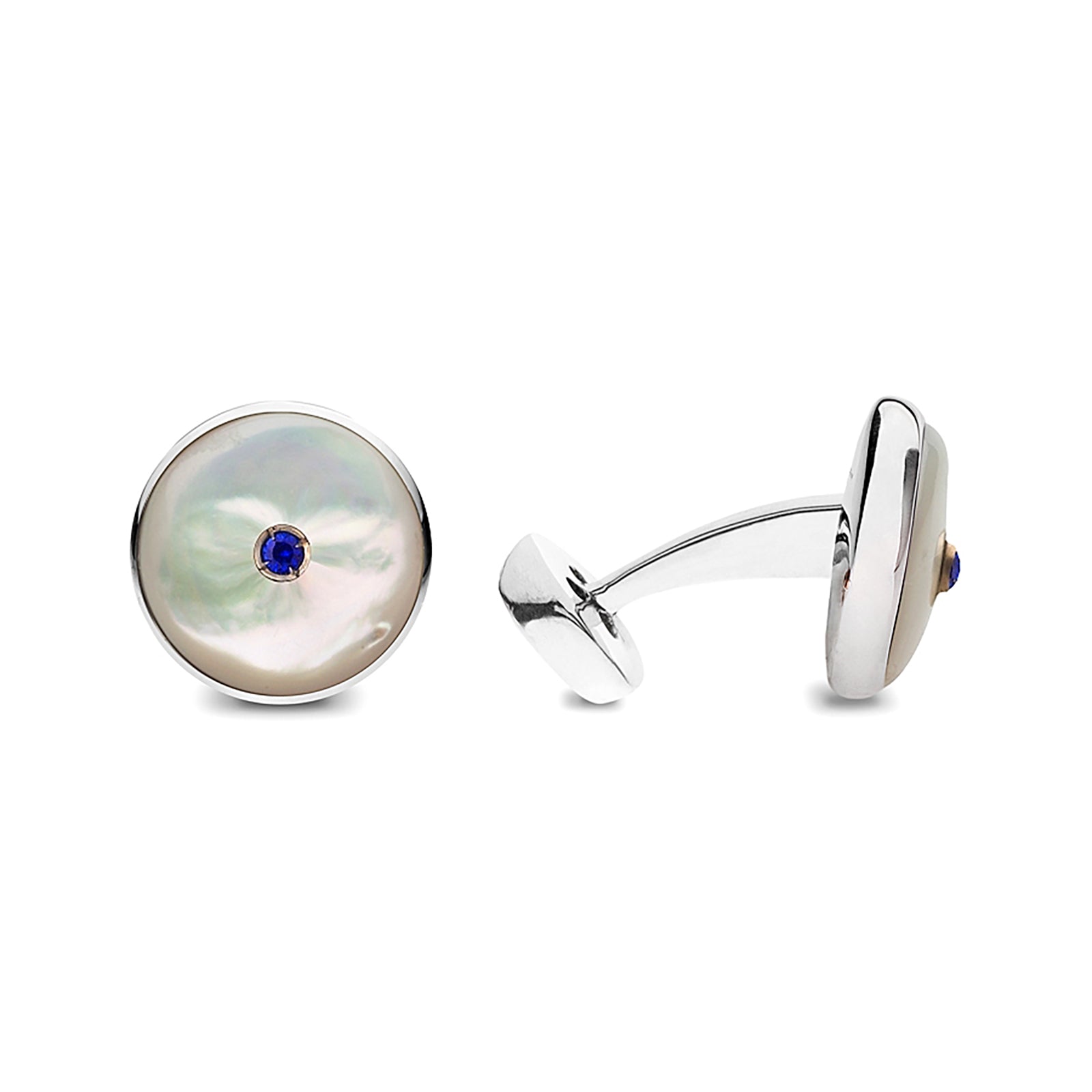 Mother of Pearl cab Gold and Sapphires Sterling Silver Cufflinks