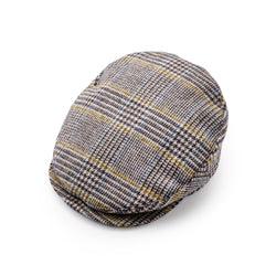 Fox Tweed Cap With Snap Brim In Glen check with Blue and Gold Deco