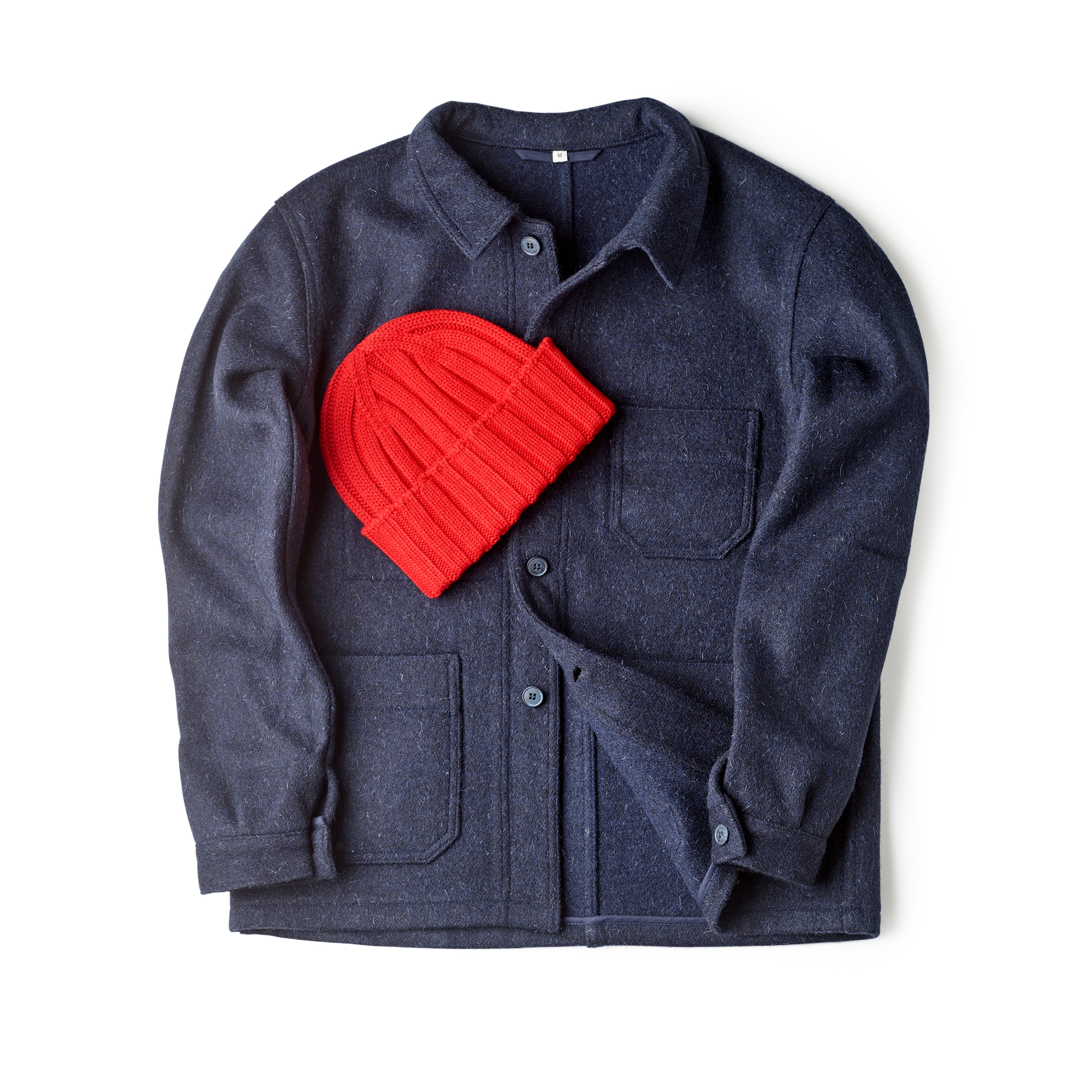 Red Knitted Cap 100% Cashmere pictured with Jacket