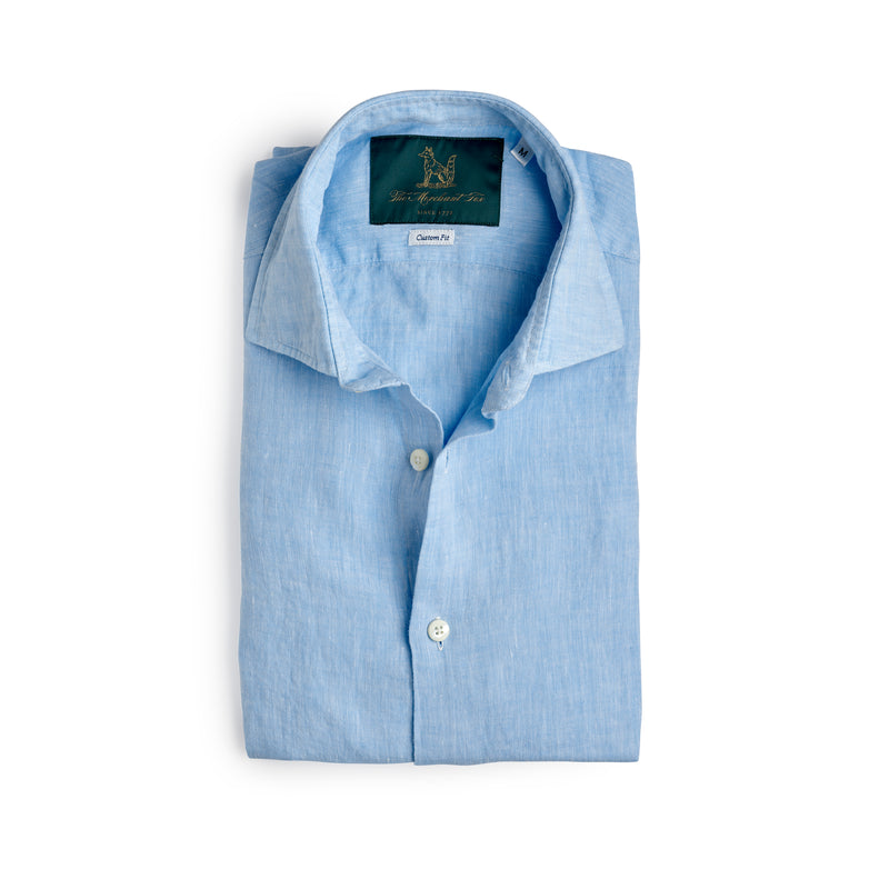 Spread Collar Linen Shirt in Light Blue