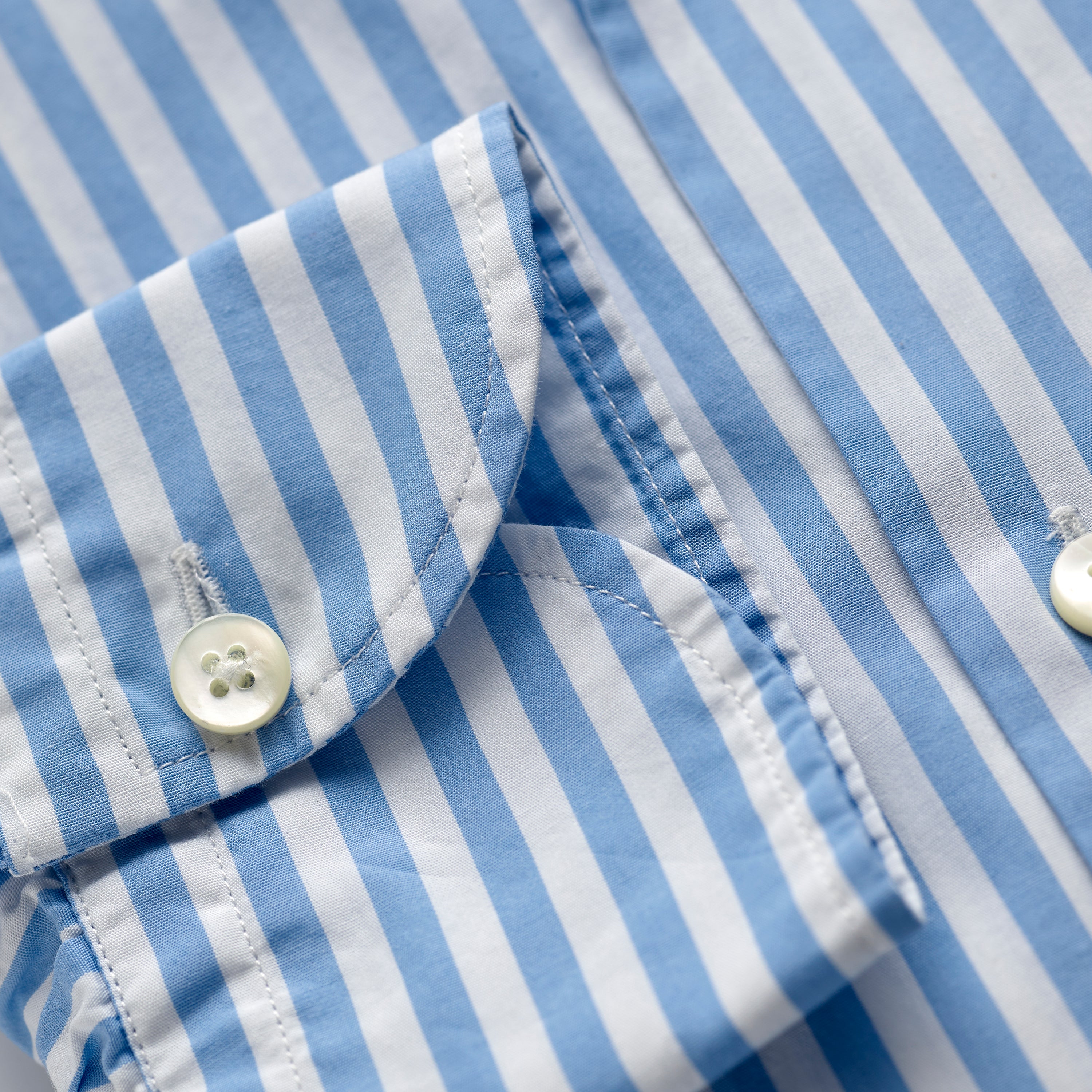 Spread Collar Cotton Shirt in White & Light Blue Bengal Stripes