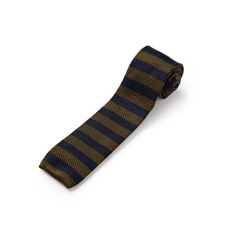 Khaki Green and Royal Blue Silk Stripe Knitted Tie