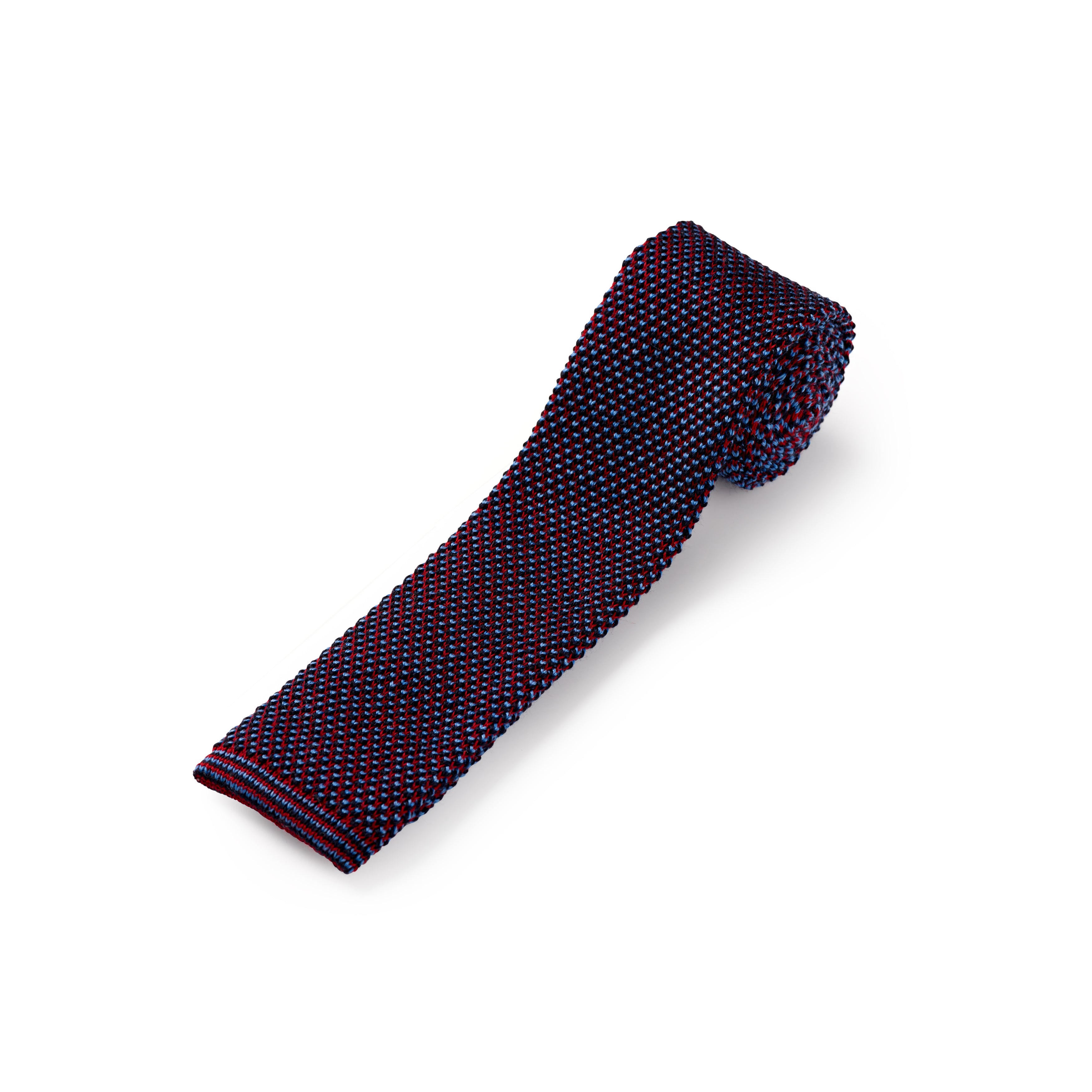Crimson Red, Sky Blue and Black Spot Wool Knitted Tie