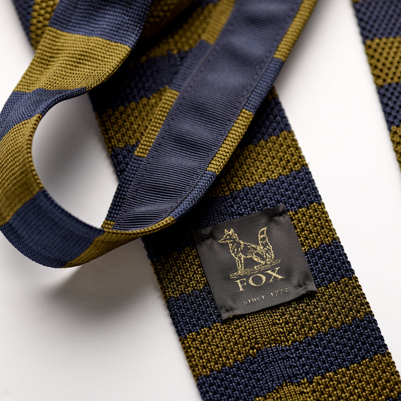 Khaki Green and Royal Blue Silk Stripe Knitted Tie Label
