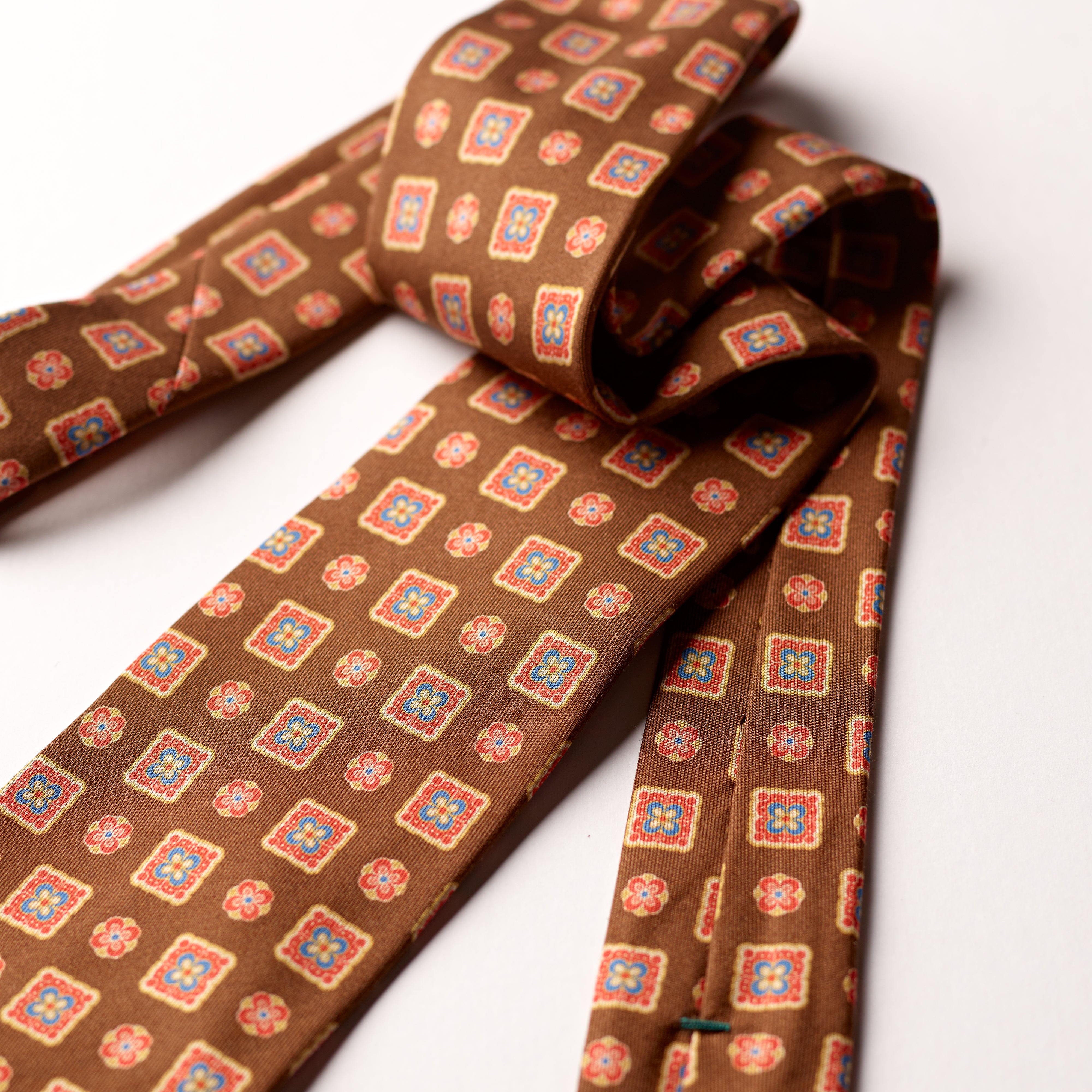 F. Marino 3 Fold Silk Tie in Chocolate Foulard
