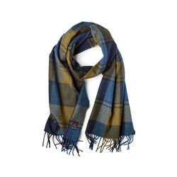 Fox Olive and Blue Check Cashmere & Merino Wool Scarf.