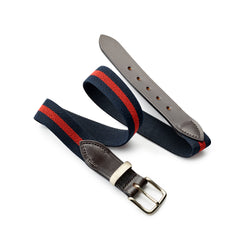 Navy and Red Stripe Belt with Dark Havana Leather