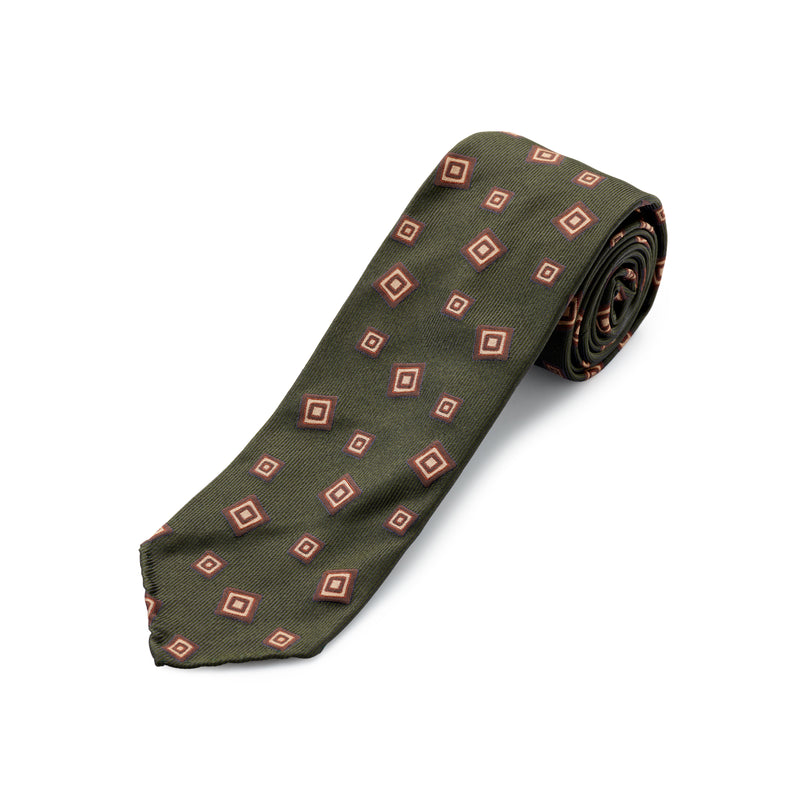 Paolo Albizzati 3 fold Forest Green with large brown foulard woven silk tie.