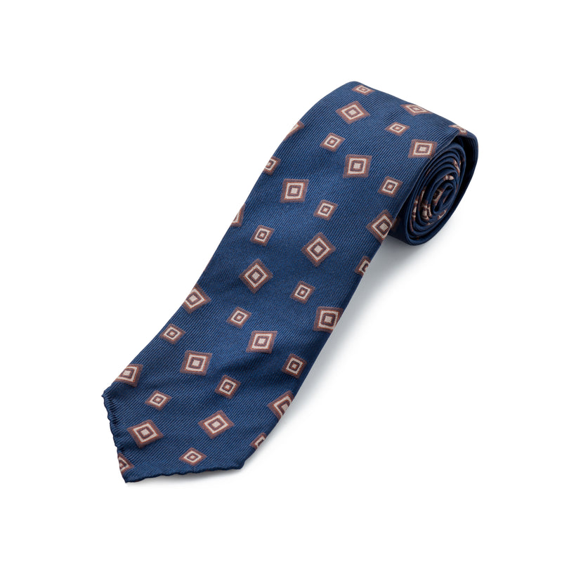 Paolo Albizzati 3 fold Navy with large brown foulard woven silk tie.