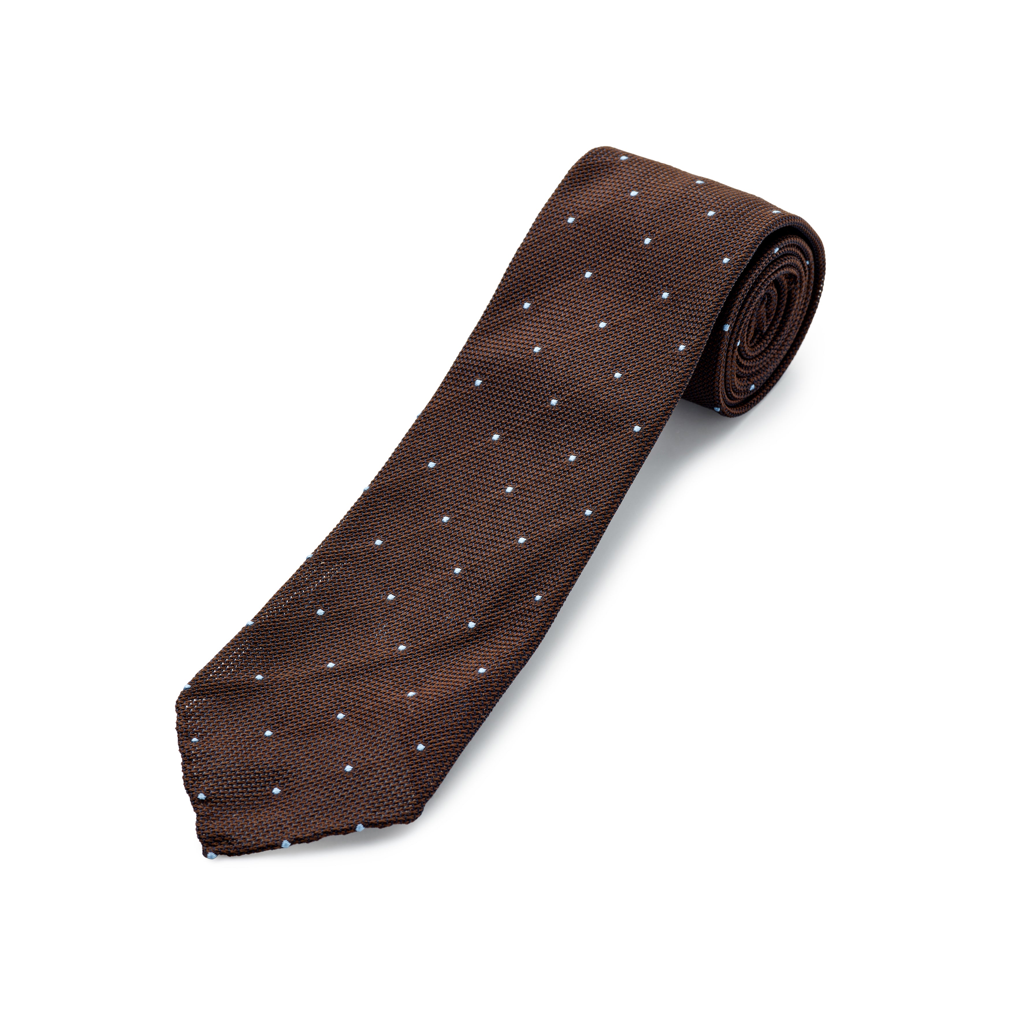 Paolo Albizzati 3 fold Chocolate brown with sky blue polka dot grenadine silk tie