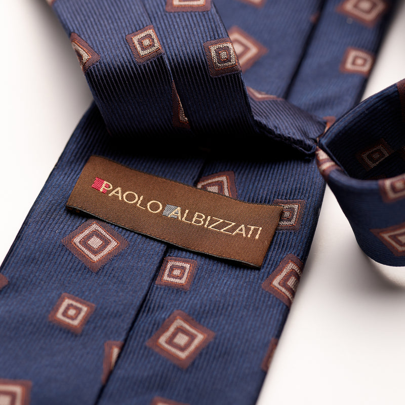Paolo Albizzati 3 fold Navy with large brown foulard woven silk tie.