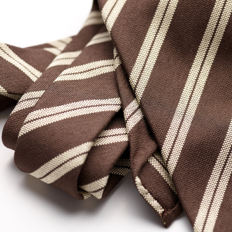 Paolo Albizzati 3 fold Chocolate brown with wide ecru double stripe silk boucle tie